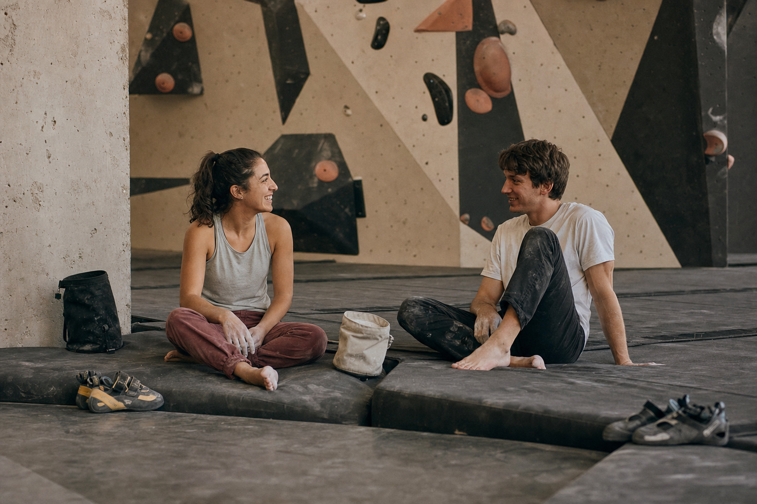 Two climbers taking a relaxed break on the mats inside a Berlin bouldering gym, chalk bags and climbing shoes beside them.