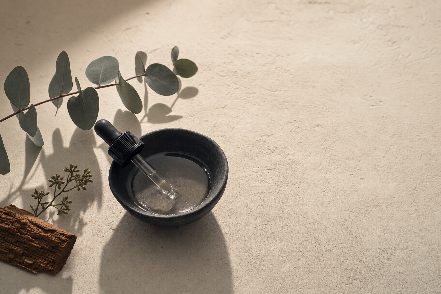 A small dish of clear essential oil with a dropper, beside eucalyptus and a piece of cedar, on a warm plaster surface.